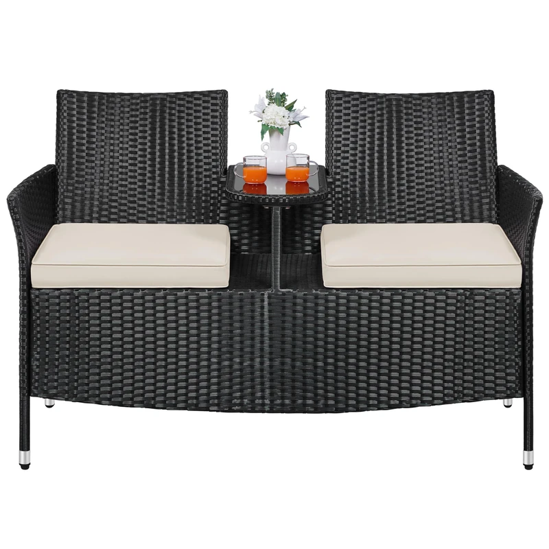 Yaheetech Garden Rattan 2 Seater Companion Seat, Wicker Weave Partner Loveseat Bench with Cushions, Patio Outdoor Furniture Set for Balcony, Lawn, Backyard, Black/Beige