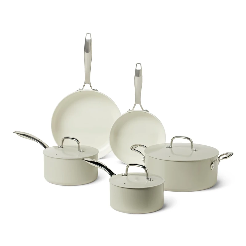 Amazon Basics Ceramic Nonstick Cookware, 8-Piece Set of Pots and Pans, Dishwasher and Oven-Safe, All Cooktop Friendly, Linen Gray