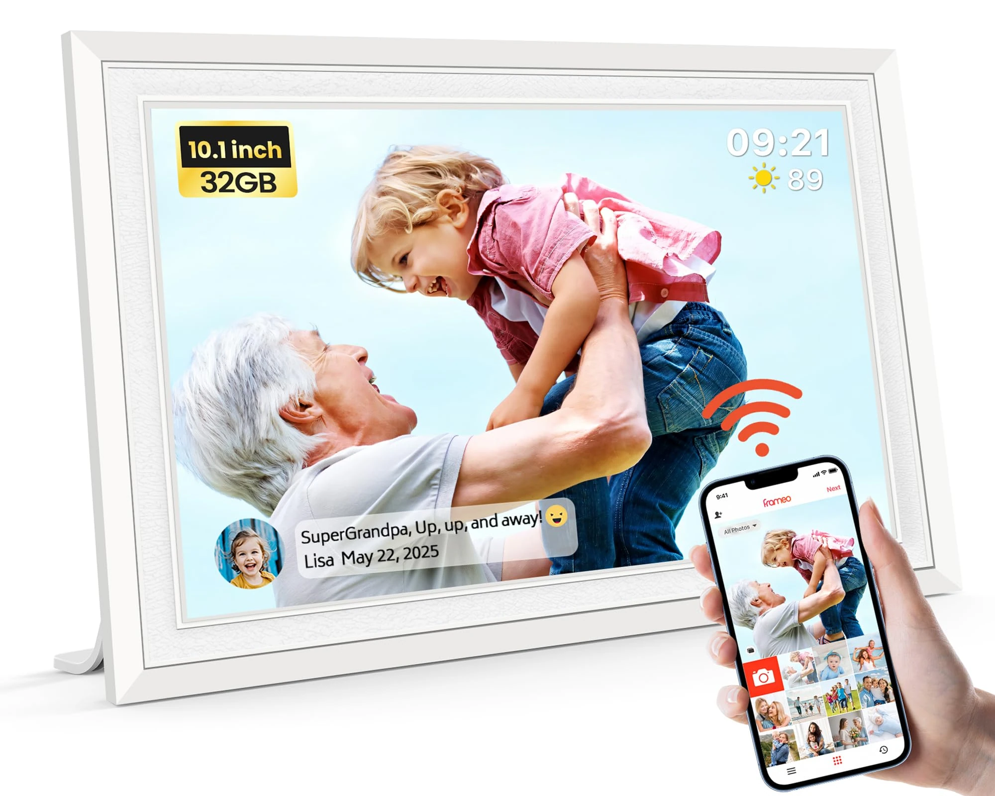 Frameo WiFi Digital Photo Frame 10.1 Inch - 1280x800 HD IPS Touch Screen Picture Frame Electronic, 32GB Memory, Auto Rotate, Wall Mountable, Digital PictureFrame for Sharing Photos and Videos