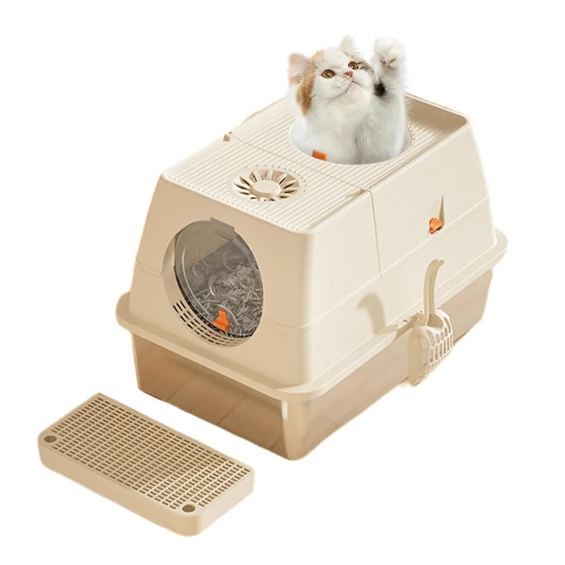 Hapihom Stainless Steel Cat Litter Tray with Lid 60 x 40 x 39 cm Closed with Sand Filter Pedal and Litter Scoop, XXL Large Removable High Rim Cat Litter Tray Easy to Clean Khaki