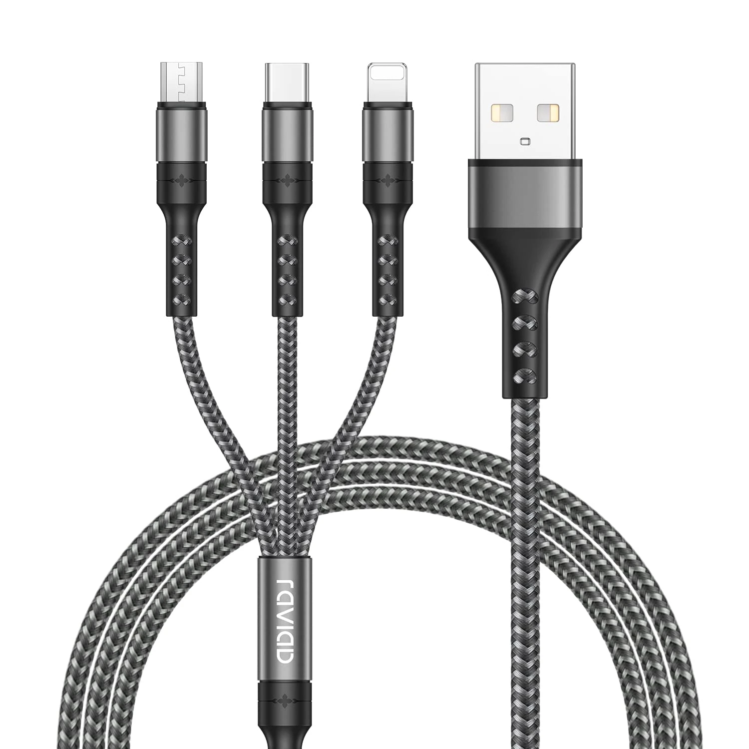 RAVIAD Multi Charger Cable, 3 in 1 Charger Cable [2M] Multiple USB Cable Nylon Braided with Micro USB Type C Lightning Cable Connector for iPhone, Android Galaxy, Huawei, Oneplus, LG- Grey