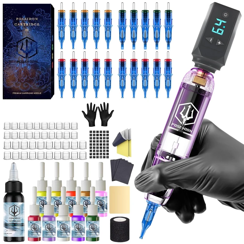 POSEIDON Wireless Rotary Tattoo Machine Kit with 20 Tattoo Cartridge Needles & Ink Set | Professional Portable Tattoo Gun for Beginners | Complete Starter Supplies (TK039)