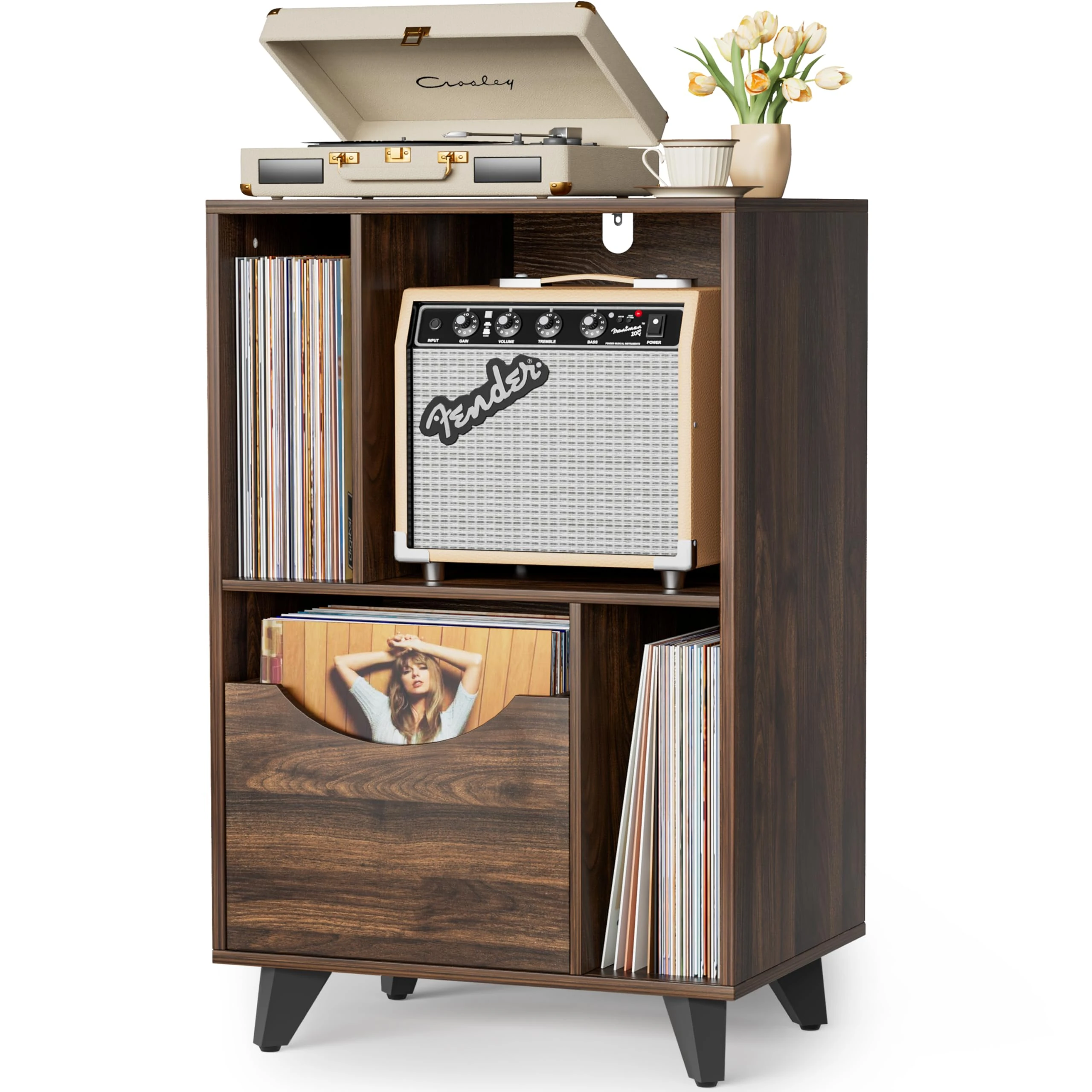 Bikoney Record Player Stand with Vinyl Storage Drawer, Wooden Turntable Side Table Fits All Record Players and Speakers, Large Vinyl Record Storage Cabinet for Living Room, Bedroom, Office