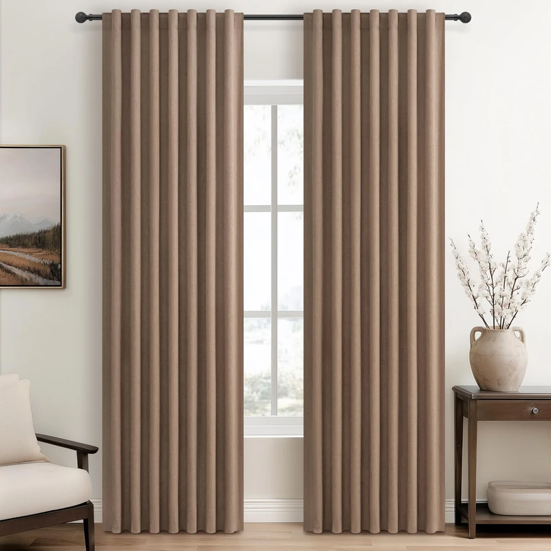 RustBrown Black Out 90 Inch Long Boho Curtains 2 Panel Set, Farmhouse Curtains for Living Room Darkening/Thermal/Noise Reduction Textured Flax Linen Drape 8ft Hook&Ring Included Chocolate 50"Wx90" L