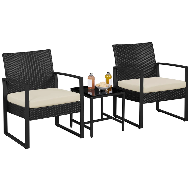 Yaheetech 3-Piece Rattan Garden Furniture Set, 2 Seater Chairs & 1 Table for Balcony with Cushions for House/Porch/Garden/Backyard/Outdoor Use, Black/Beige