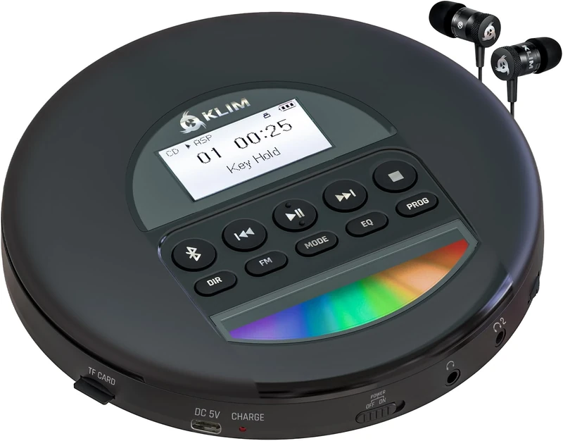 KLIM Nomad Portable CD Player Discman with Long-Lasting Battery - with Headphones - Radio FM - Compatible MP3 CD Player Portable - TF Card Radio FM Bluetooth - Ideal for Cars - New Version - Argent