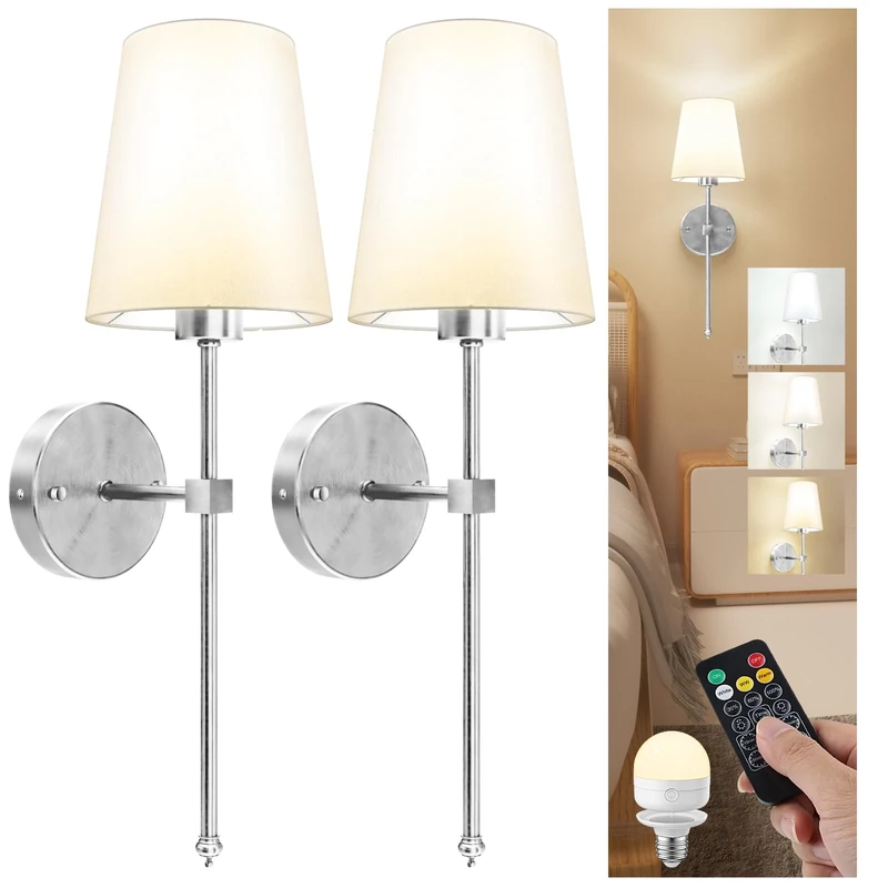 LGMCF Battery Operated Wall Sconce Set of 2, Rechargeable Wall Lights with 5000mAh Detachable Charging Bulbs and Remote, 3 Color Dimmable Wireless Sconces for Bedroom Living Room Hallway, Silver