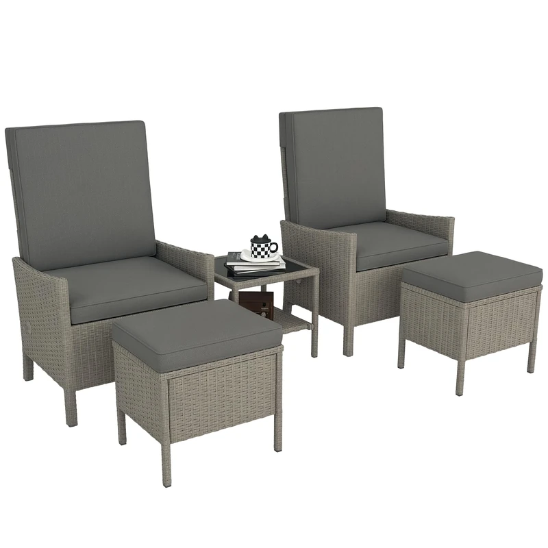 Outsunny 5 Piece Rattan Garden Furniture Set, Wicker Patio Sofa Set with 2 Armchairs, 2 Footstools, Glass Top Coffee Table with Shelf, Outdoor Furniture with Adjustable Backrests, Cushions, Dark Grey