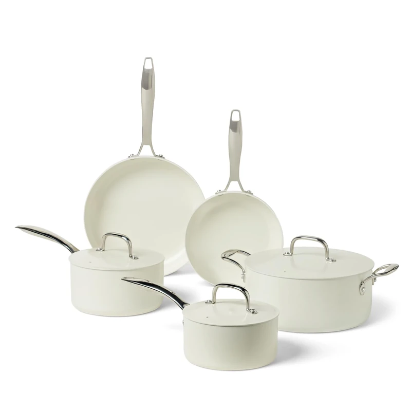 Amazon Basics Ceramic Nonstick Cookware, 8-Piece Set of Pots and Pans, Dishwasher and Oven-Safe, All Cooktop Friendly, Ivory