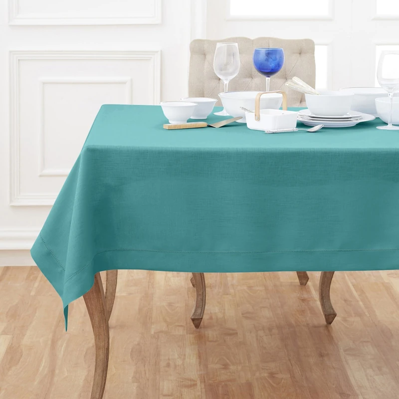 Solino Home Linen Tablecloth 60 x 132 Inch - Classic Hemstitch 100% Pure Linen Teal Table Cloth for Rectangle Tables - Machine Washable Fabric Tablecloth