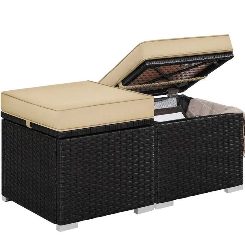 Yaheetech Set of 2 Storage Ottomans with Removable Cushion, Patio Wicker Footstools Side Tables for Deck, Porch, Garden, Brown/Khaki