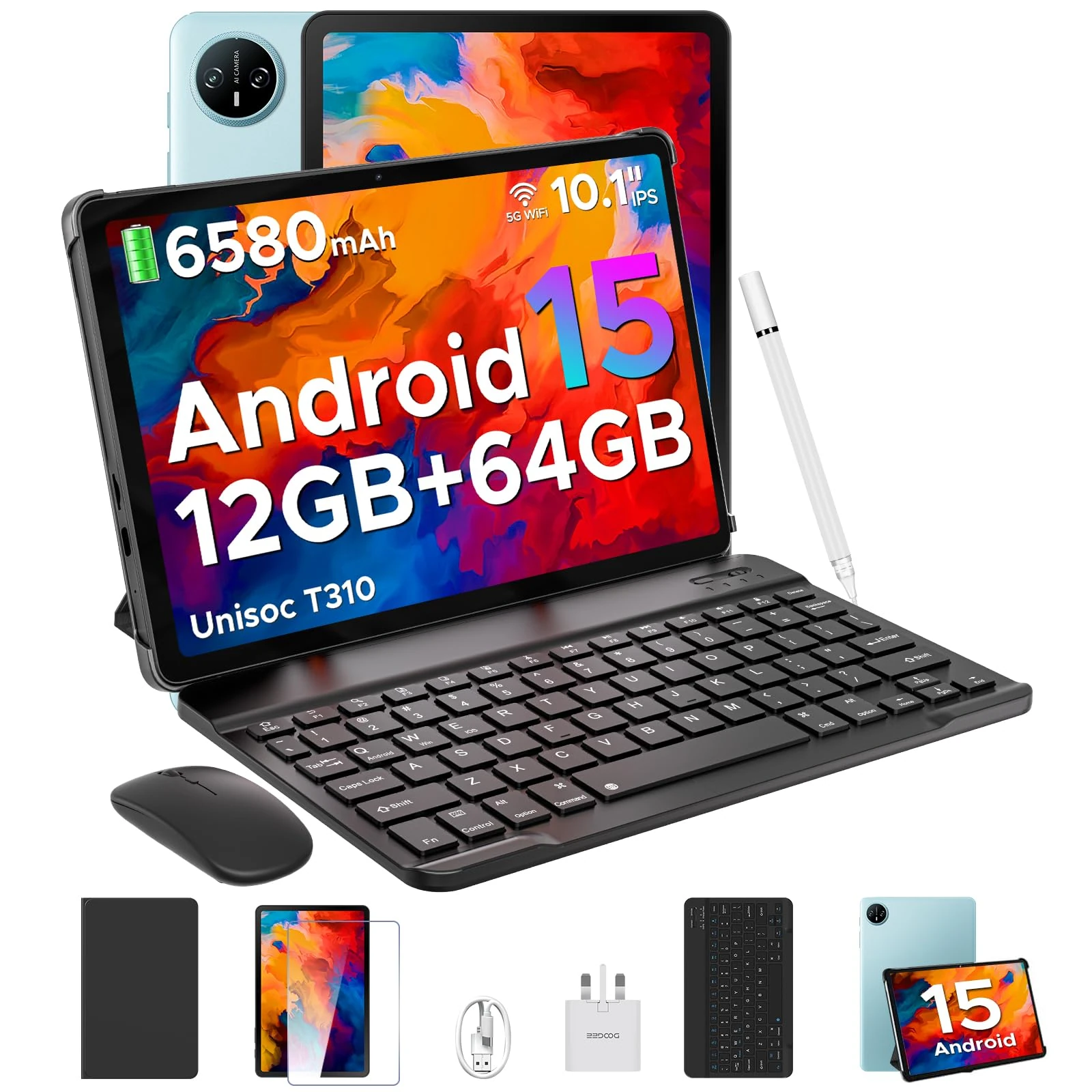 DOOGEE Tab A9 Android 15 Tablet 10 Inch (2025), Unisoc T310 & 12GB RAM 64GB ROM(TF 2TB), 6580mAh Battery, 5G WiFi+GMS+Bluetooth 5.0+Face ID, 3.5mm Jack, Tablets with Keyboard, Pen, Mouse & Case- Blue