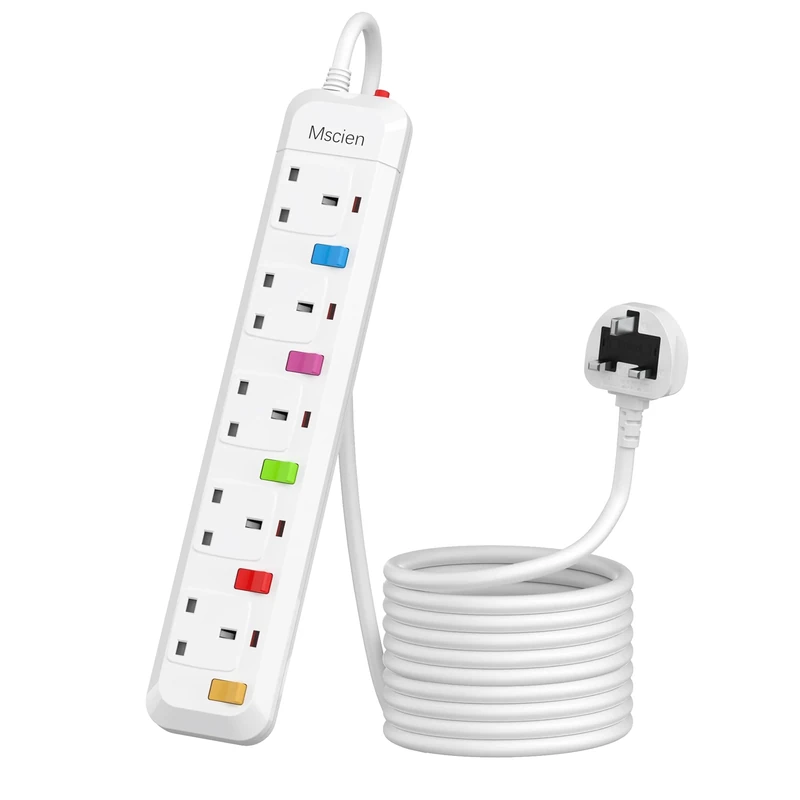 6M Long Extension Lead with Switches, Mscien 5 Way Extension Socket Surge Protected Overload Extension Cable, UK Power Strip Mountable with 6 Metre Extension Cord, 5 Gang Multi Plug