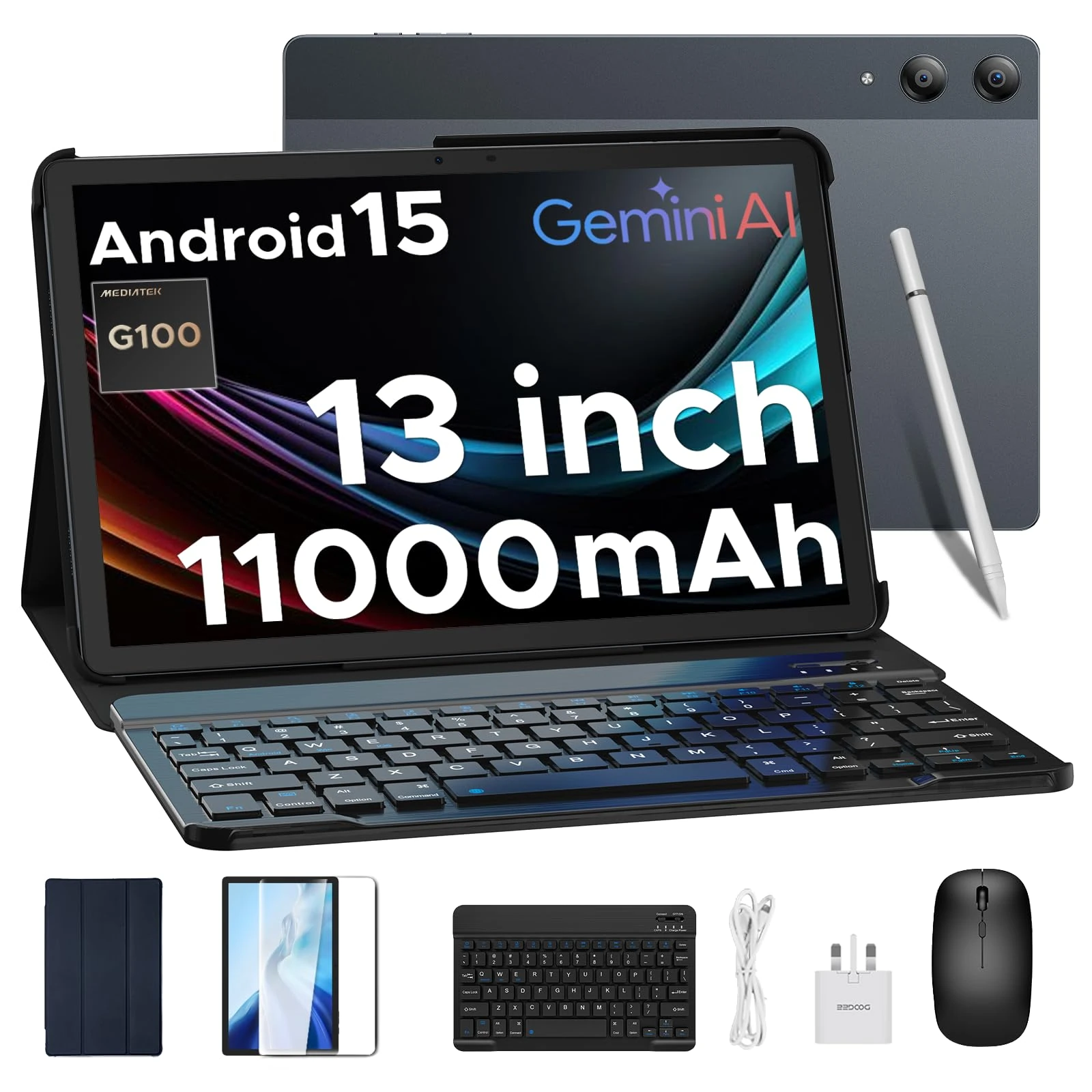 DOOGEE TAB E3 Pro Android 15 Tablet 13 Inch, 11000mAh Big Battery, 32GB RAM 256GB ROM, Helio G100 Octa-Core, Ultra-Slim 7.9mm Metal Body, Dual SIM Slot, Tablet with Keyboard and Pen/Mouse/Case (Gray)