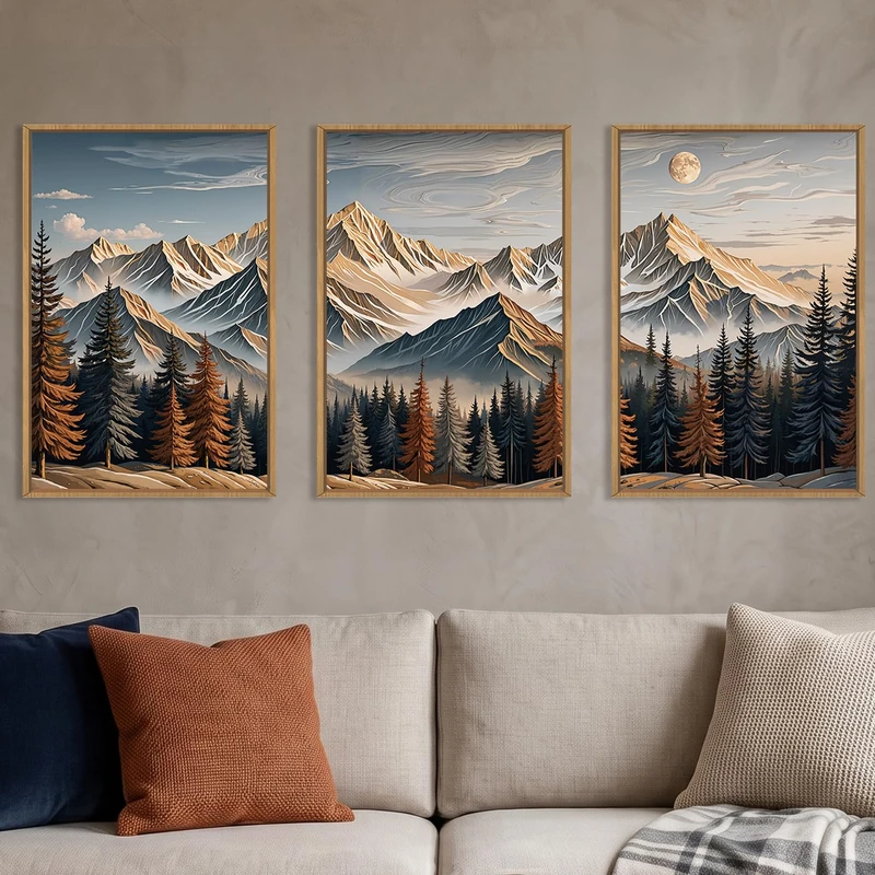 LHIUEM Vintage Landscape Wall Art,Large Wood Wall Art,Carved Wood Wall Decor Set of 3(16”X24”)Earthy Landscape Canvas Art Prints,Big Snow Mountain Sunrise piciures,Birch Tree painting for Home Office