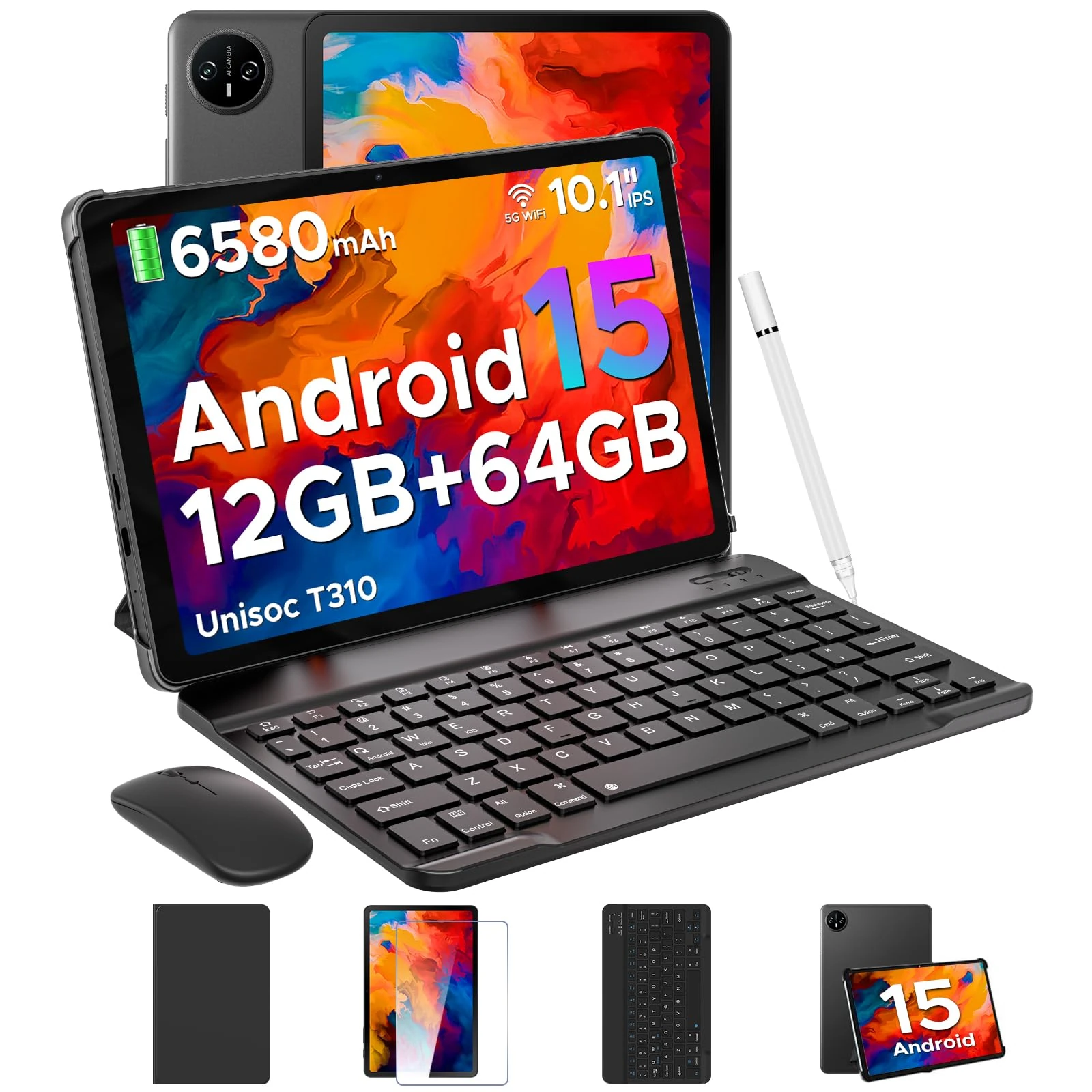 DOOGEE TAB A9 Newest Android 15 Tablet 10 Inch (2025), 12GB+64GB/2TB TF& Unisoc T310, 6580mAh Battery, 5G WiFi+GMS+Bluetooth 5.0+Face ID, 3.5mm Jack, Tablets with Keyboard, Pen, Mouse & Case- Black