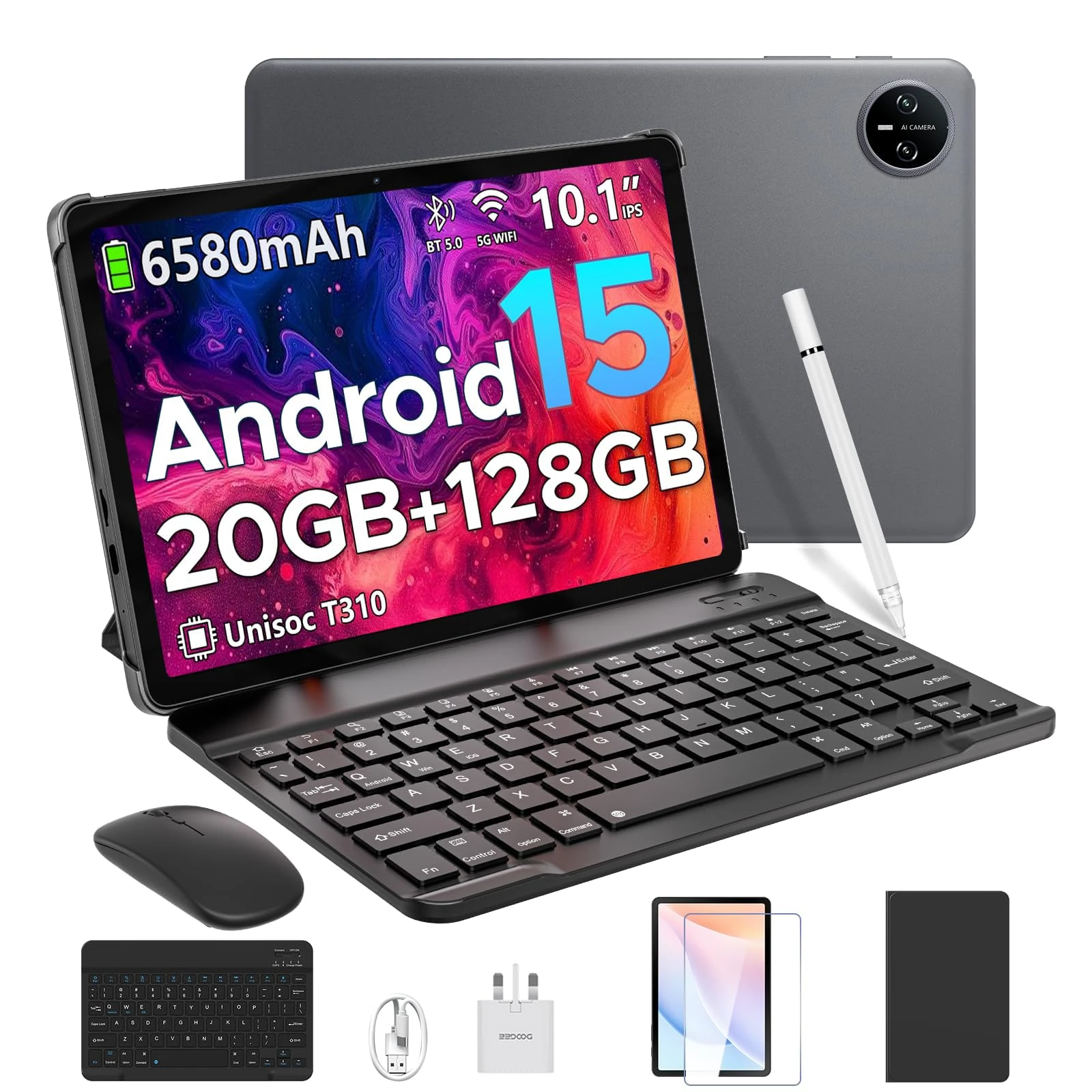 DOOGEE Tab A9 pro 10 inch tablet Android 15 tablets, 20GB RAM+128GB ROM Android Tablet with 1280×800 HD IPS 60Hz Screen, WiFi5 6580mAh Battery Gaming Tablet with Keyboard, Mouse, Pen & Case-Gray