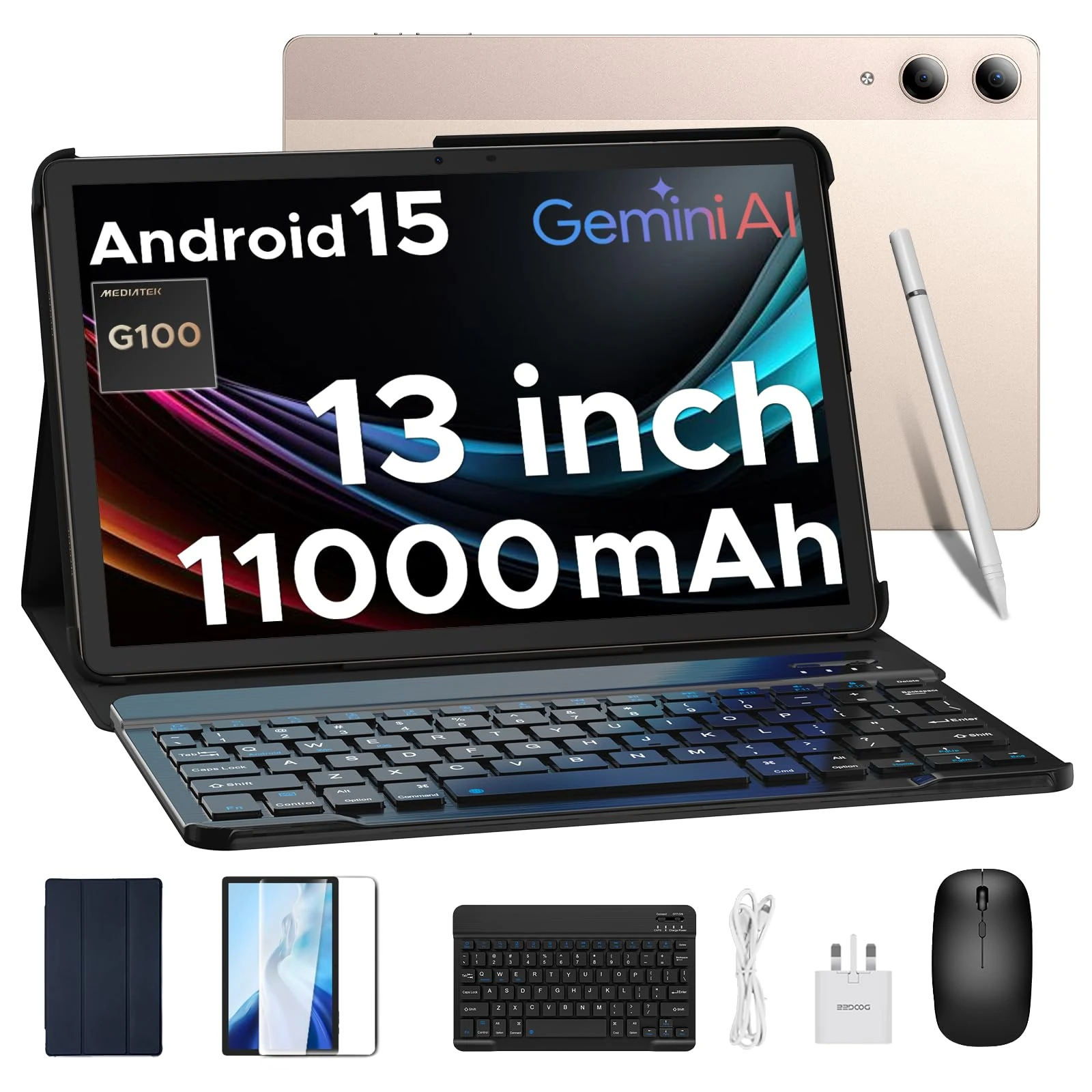 DOOGEE TAB E3 Pro Android 15 Tablet 13 Inch, 11000mAh Big Battery, 32GB RAM 256GB ROM, Helio G100 Octa-Core, Ultra-Slim 7.9mm Metal Body, Dual SIM Slot, Tablet with Keyboard and Pen/Mouse/Case (Gold)