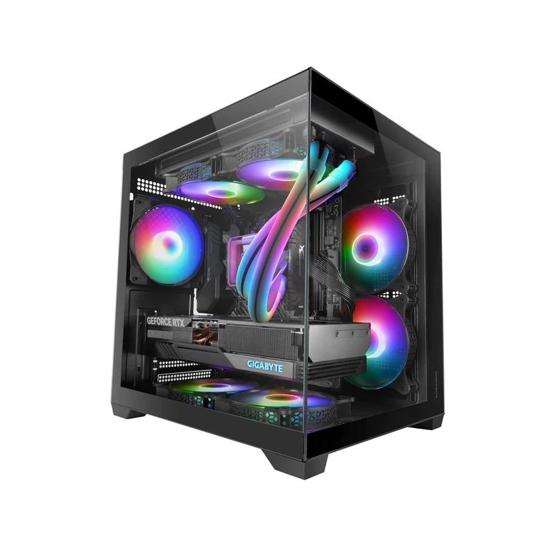 MARS GAMING MC-VIEW2, MicroATX Gaming Case, Dual Frameless Tempered Glass, 1x 120mm FRGB Rear Fan, Liquid Cooling Support up to 240mm, Dual-Chamber Structure, Black