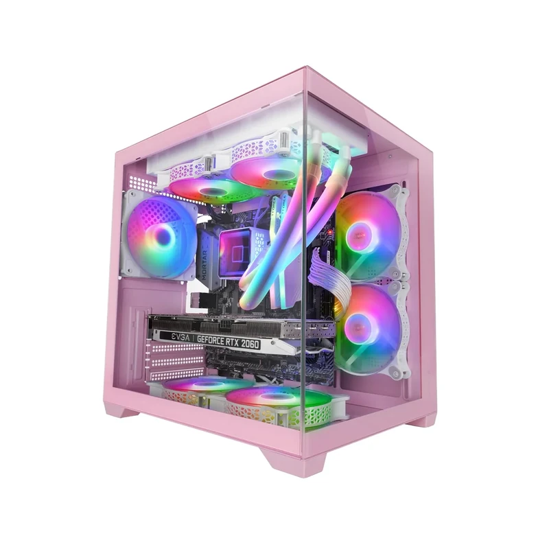 MARS GAMING MC-VIEW2, MicroATX Gaming Case, Dual Frameless Tempered Glass, 1x 120mm FRGB Rear Fan, Liquid Cooling Support up to 240mm, Dual-Chamber Structure, Pink