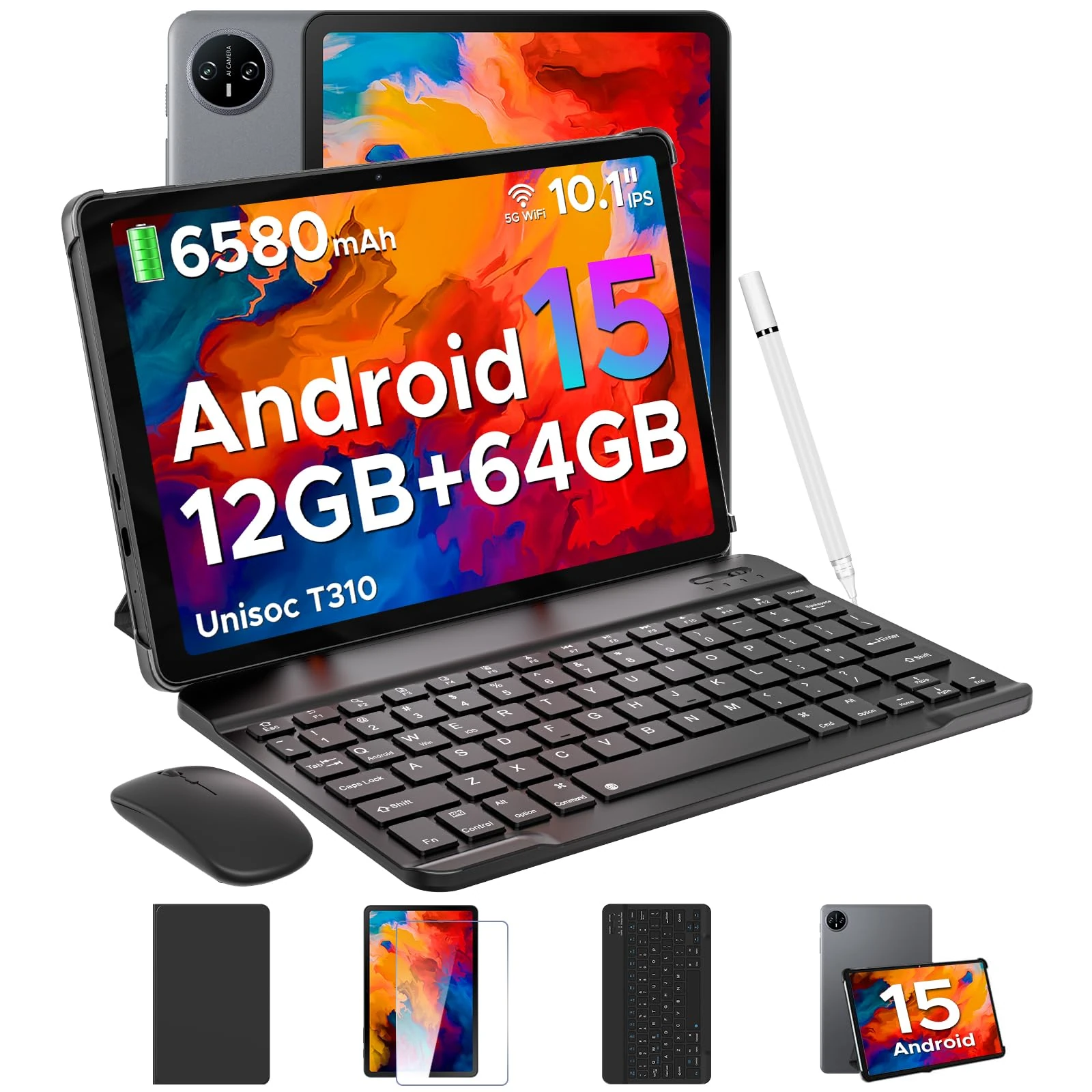 DOOGEE Tab A9 2025 Newest Tablet 10'' Android 15 (2025), 12GB+64GB/ 2TB, Unisoc T310& 6580mAh Battery, 5G WiFi+GMS+Bluetooth 5.0+Face ID, 3.5mm Jack, Tablets with Keyboard, Pen, Mouse & Case- Gray