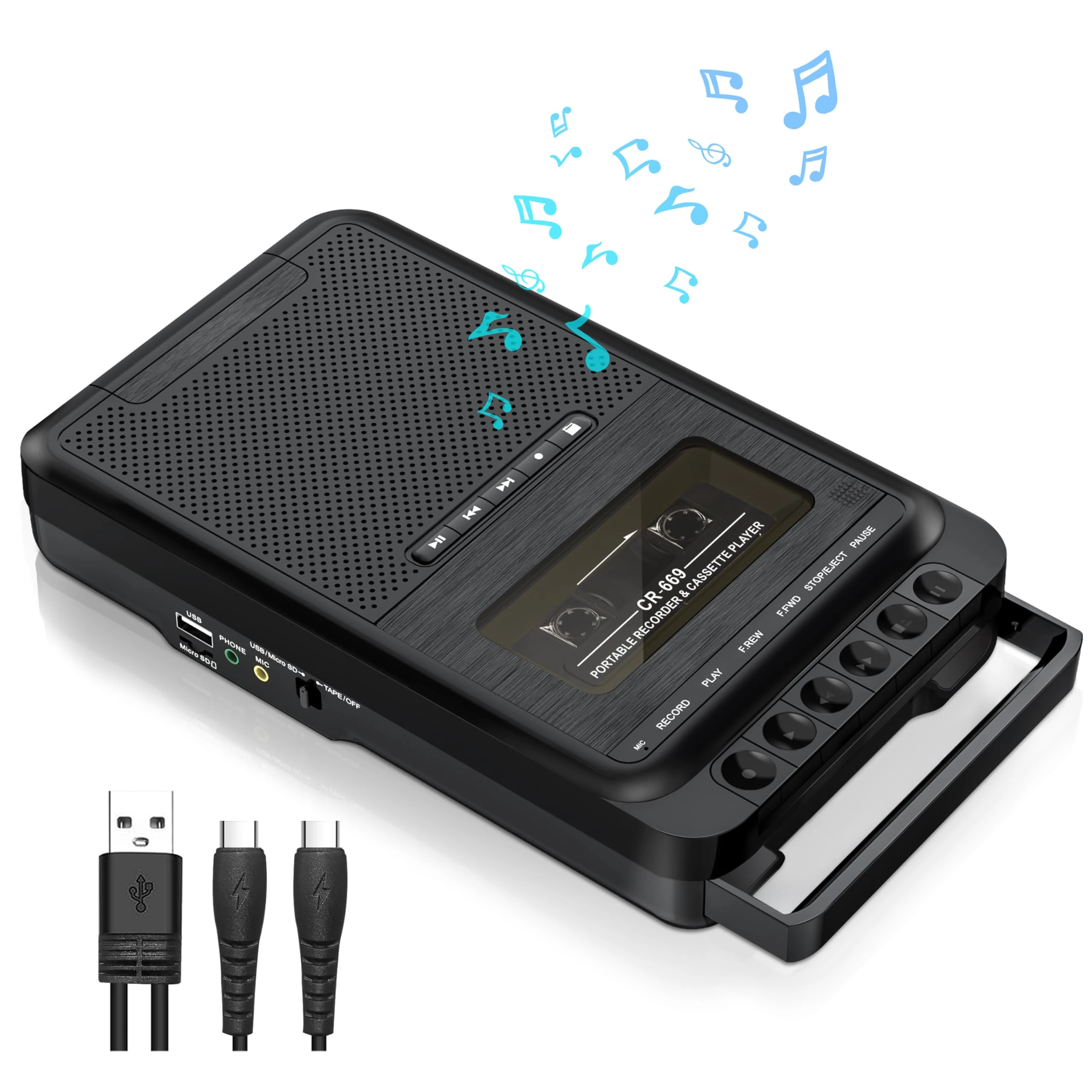 Cassette Player Converter, Portable Cassette to MP3 Music via U Disk/SD Card or PC, Record to Cassettes/USB/SD Card via Mic,Cassette Tape Player with Headphone Jack,Retractable Handle (Black)