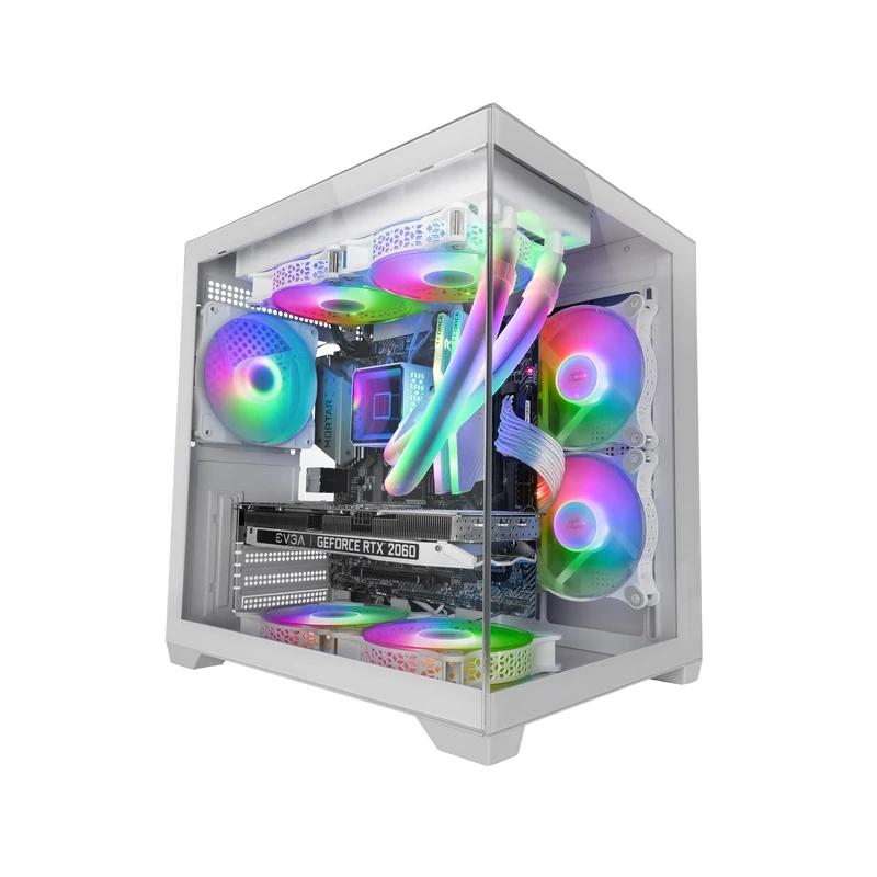 MARS GAMING MC-VIEW2, MicroATX Gaming Case, Dual Frameless Tempered Glass, 1x 120mm FRGB Rear Fan, Liquid Cooling Support up to 240mm, Dual-Chamber Structure, White