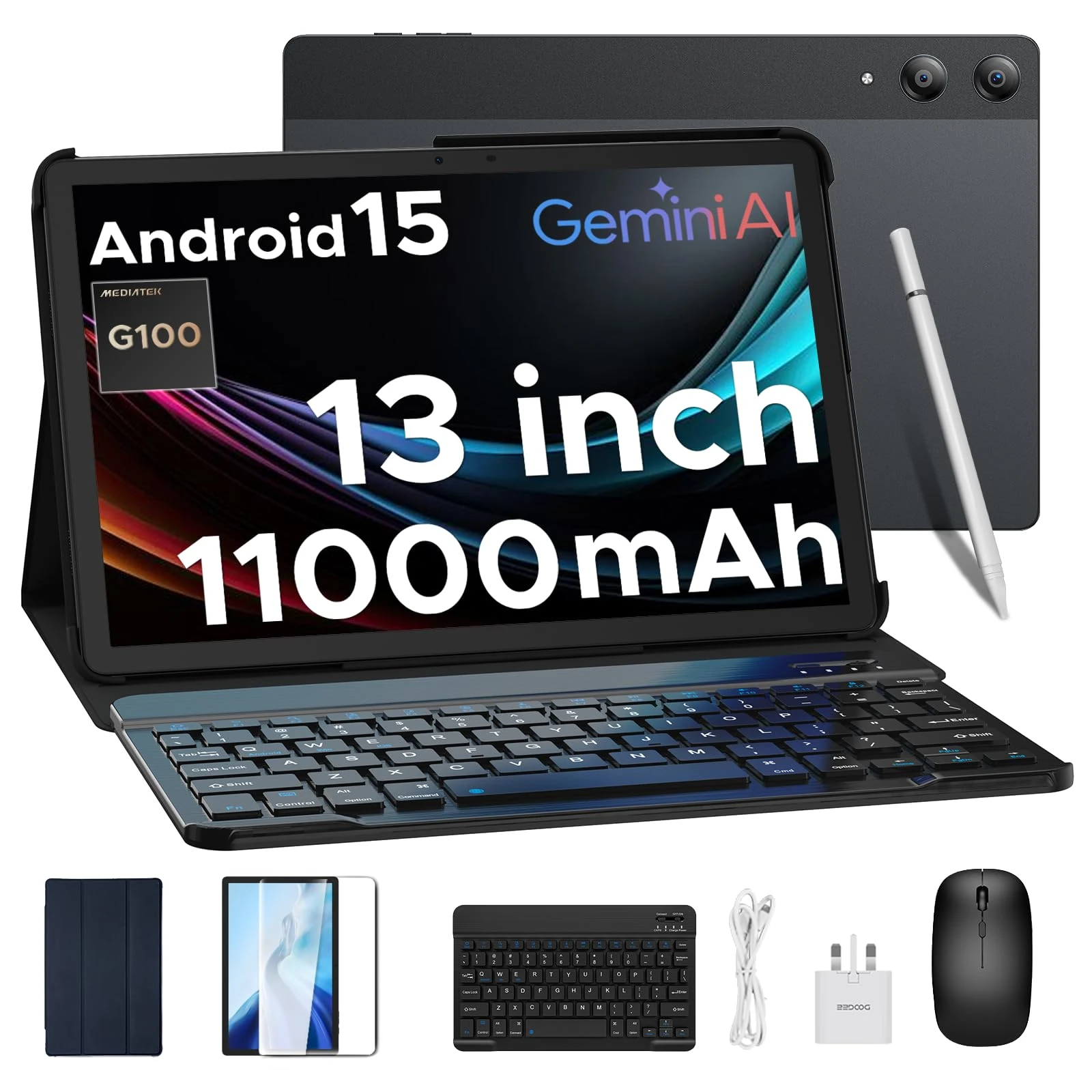 DOOGEE TAB E3 Pro Android 15 Tablet 13 Inch, 11000mAh Big Battery, 32GB RAM 256GB ROM, Helio G100 Octa-Core, Ultra-Slim 7.9mm Metal Body, Dual SIM Slot, Tablet with Keyboard and Pen/Mouse/Case (Black)