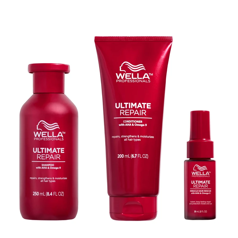 Wella Professionals Ultimate Repair Trio Bundle - AHAs & Omega 9 Rebuild & Strengthen Damaged Hair - Shampoo (250ml) Conditioner (200ml) & Night Serum (30ml)