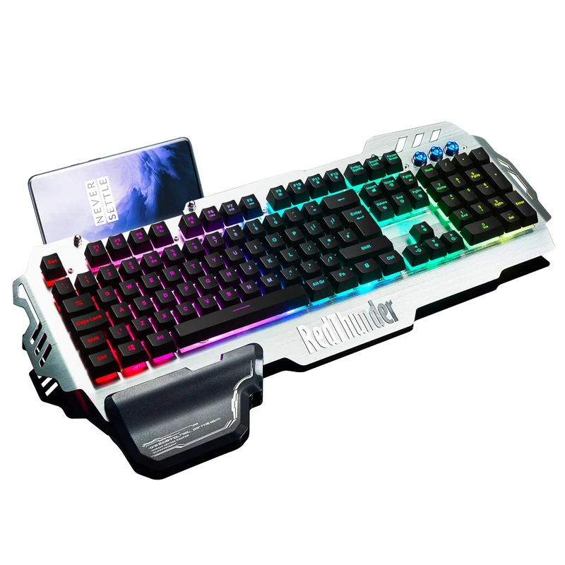 RedThunder K900 V2 Semi-Mechanical Gaming Keyboard,UK Layout,RGB Backlit,Sturdy and Durable Full Metal Faceplate,with Wrist Rest, Ergonomic 26 Key Anti-Ghosting Keyboard for PC Xbox PS5 Typist Gamer