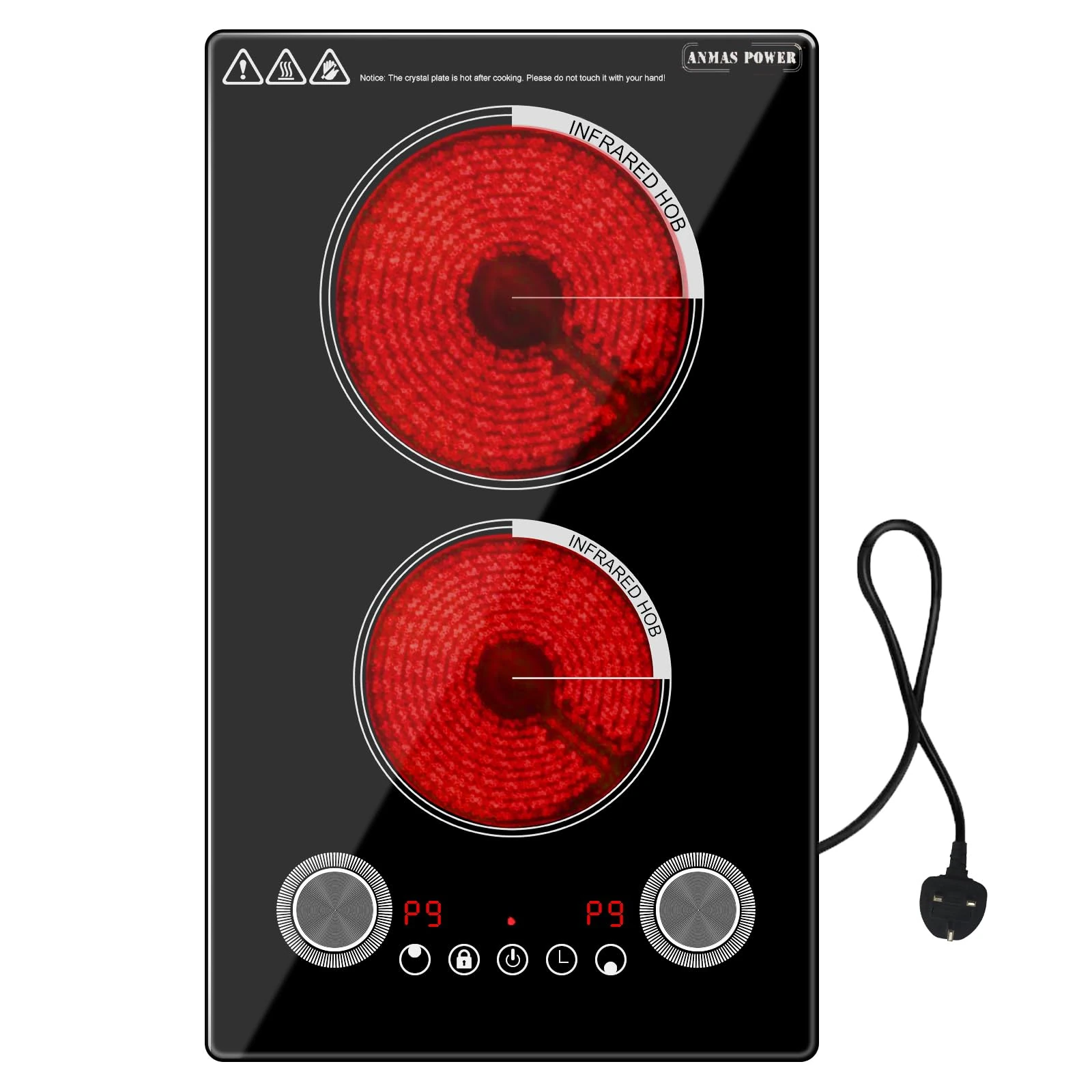 30cm Plug-In 2-Zone Ceramic Hob - Infrared Cooker with Knob Controls, Timer, 9 Power Levels, Child Lock, Residual Heat Indicator, 2800W | Energy-Efficient, Safe for Families, Easy Clean Surface