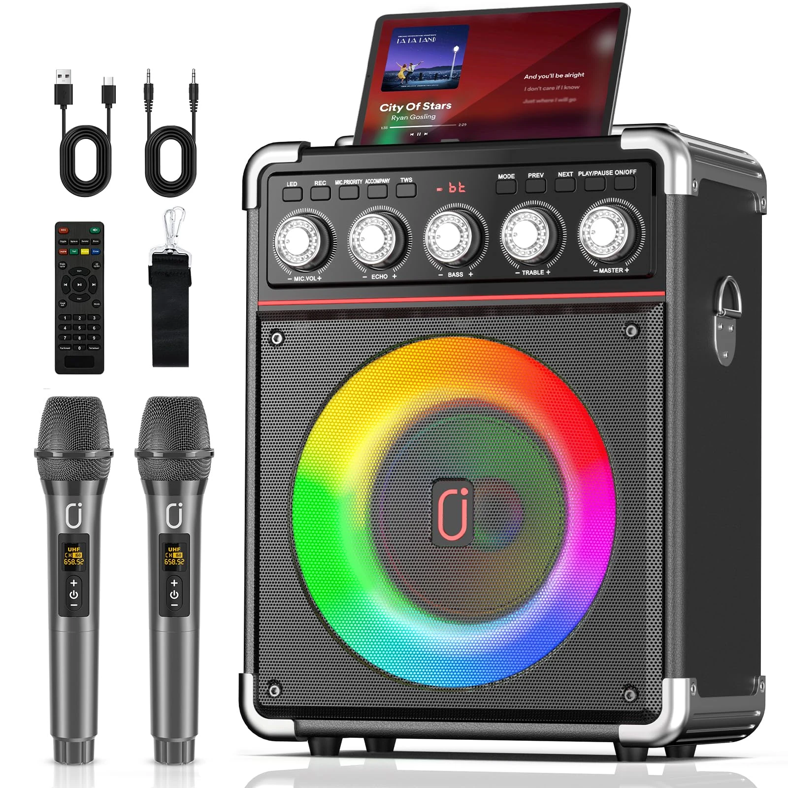 HWWR Karaoke Machine with 2 Microphones for Adults, Bluetooth Karaoke Machine with Bass/Treble/Echo Adjustment, PA System with Remote Control/LED Lights, Support TWS/TV/USB/AUX/TF Card