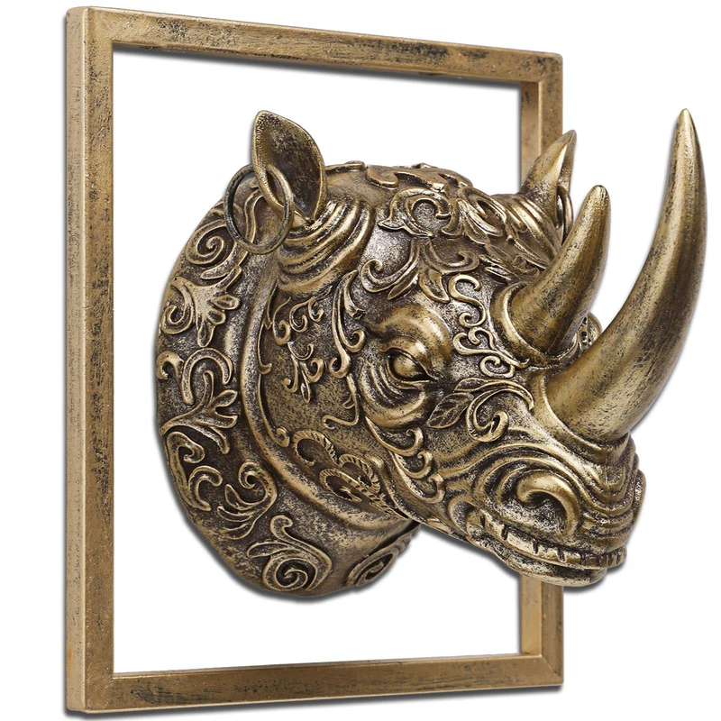 JJALIGHTS Exquisite Resin Animal Head Wall Sculpture (Gift Metal Frame) - Imitation Copper Vintage Decor for Living Room, Bedroom & Office | Decorative Wall Hanging Art (Rhinoceros)