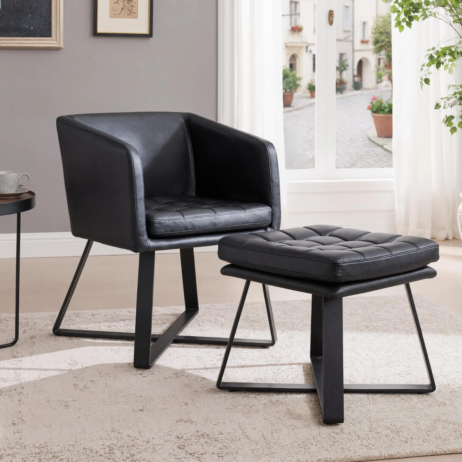 Ya-Home PU Leather Tub Chair with Quilted Footrest, Modern Accent Chair and Footstool Set, Upholstered Armchair with Metal Frame for Living Room/Bedroom, Black