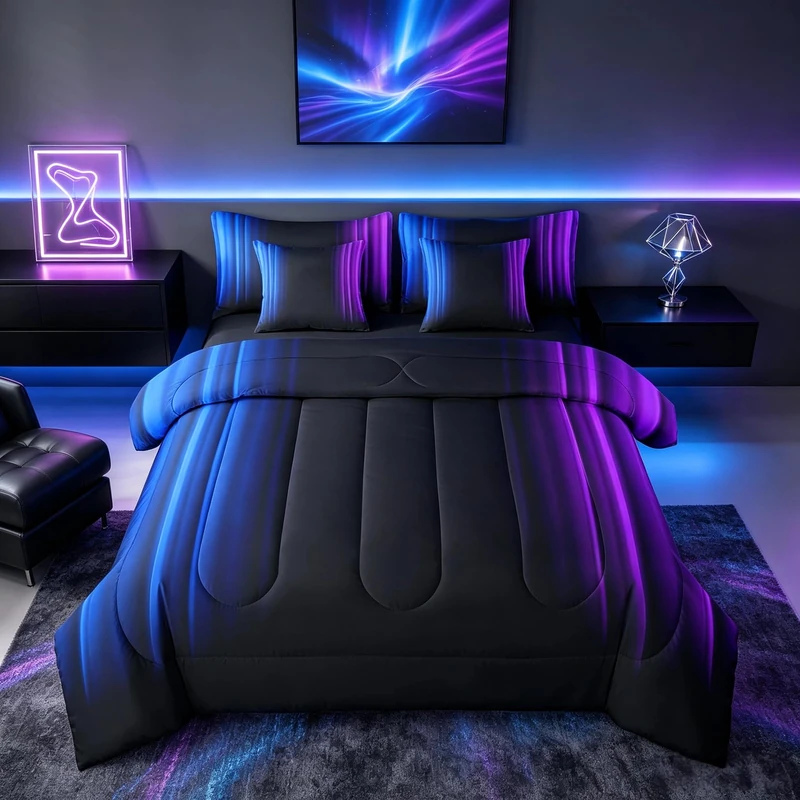 Feelyou Teens Abstract Ombre Decorations Bed in a Bag for Kids Women Blue Purple and Black Comforter Set with Sheets Geometric Modern Bed Set Room Full Size