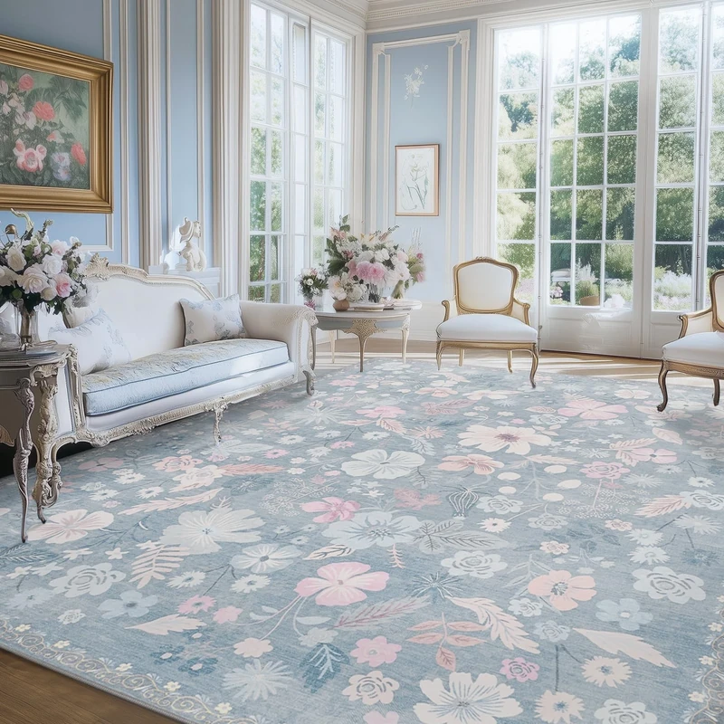 Ruhazlgoin Blue Area Rugs 9x12 Living Room Floral Boho Vintage Machine Washable Area Rugs Stain Resistant Low Pile Cottage Core Carpet Rug for Bedroom Dining Room Classroom Playroom,Slate Blue