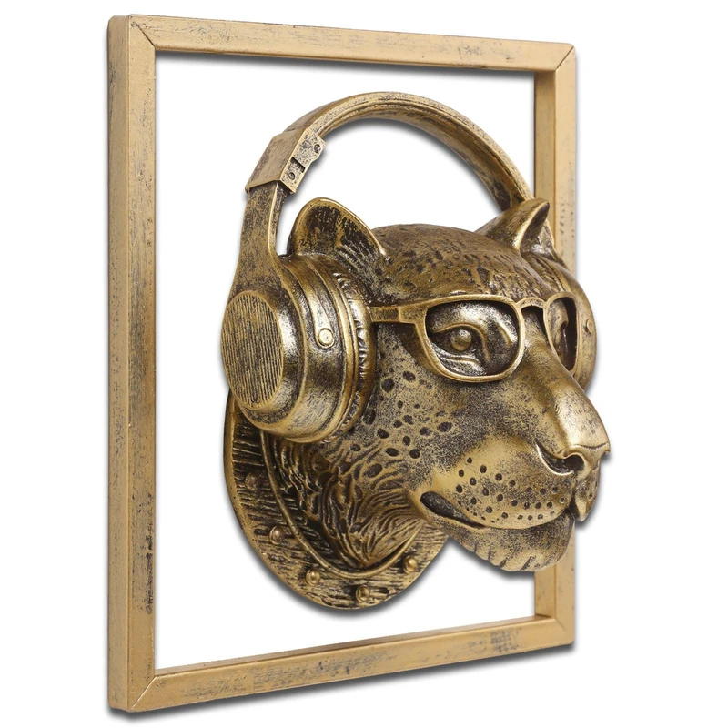 JJALIGHTS Exquisite Resin Animal Head Wall Sculpture (Gift Metal Frame) - Imitation Copper Vintage Decor for Living Room, Bedroom & Office | Decorative Wall Hanging Art (Leopard)