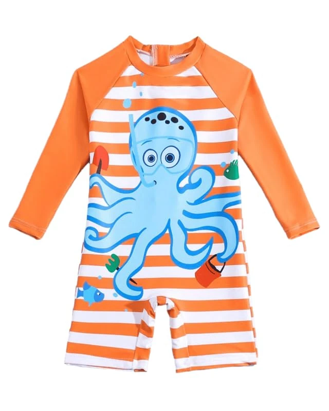 JiAmy Baby Swimwear One Pieces Girl/Boy Long Sleeve Swimsuit UV Sun Protection Round Neck Toddler Bathing Suit for 9-12 Months, Orange,