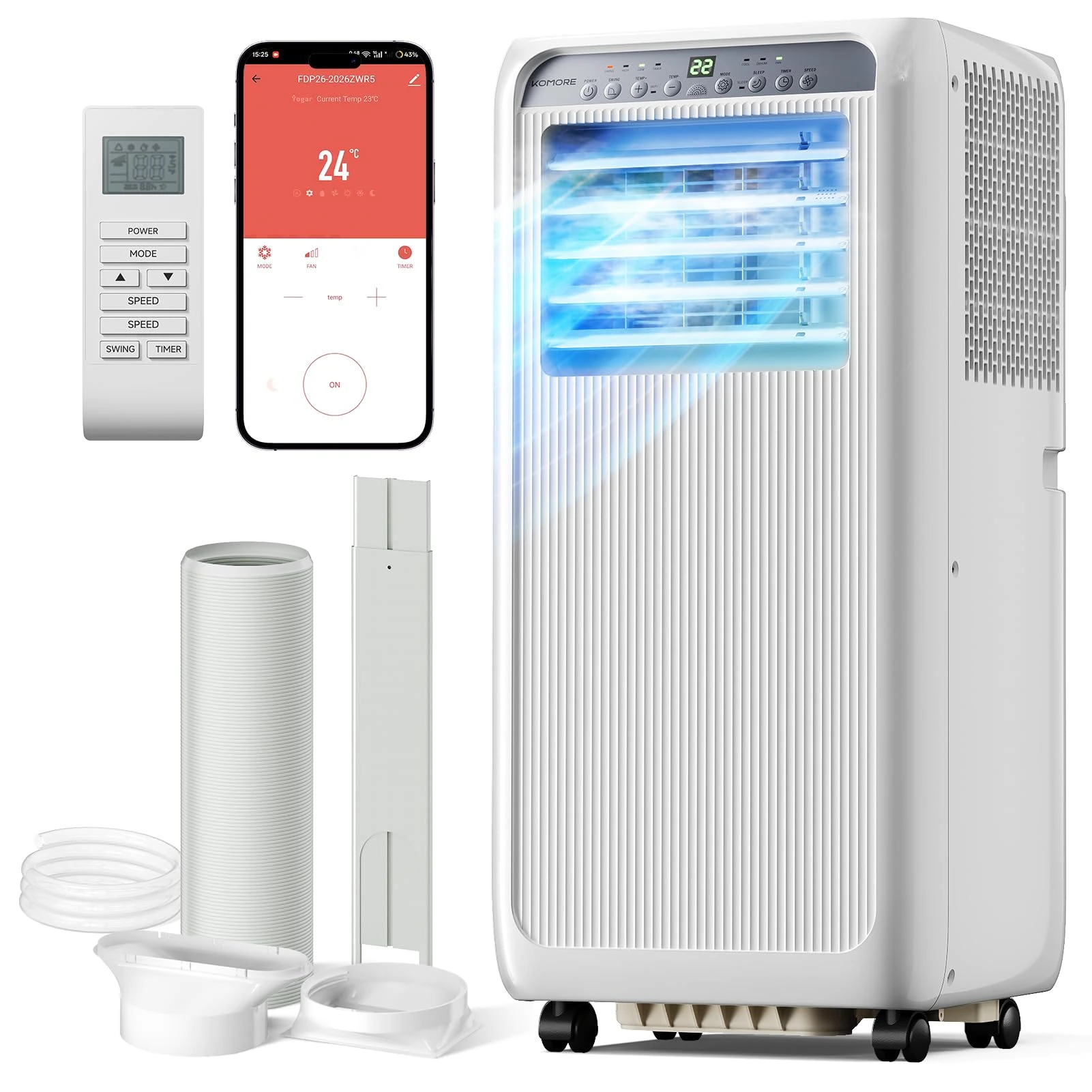 KOMORE Portable Air Conditioner 9000 BTU, 4-in-1 Air Conditioning Unit, Fan 2 Speeds & Cooling, Dehumidifier, Sleep Mode, Smart App WIFI & Remote Control, 24 Hour Timer, Window Kit