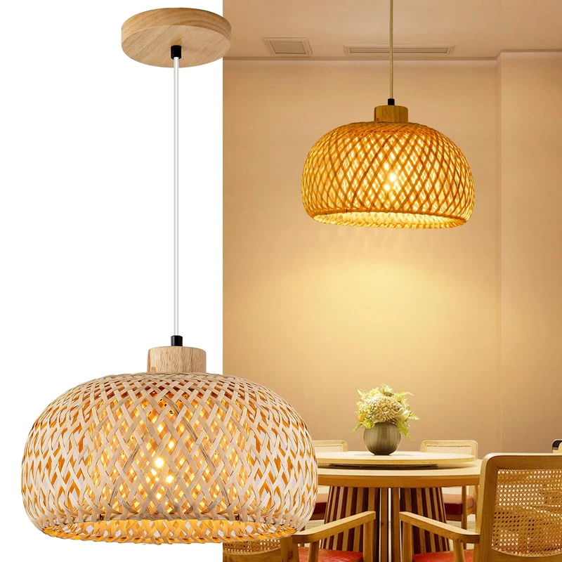 Mikeru 38cm Vintage Hand-Woven Pendant Light, Farmhouse Bohemian Pendant Light, Natural Bamboo Chandelier, Height Adjustable 1.5m, E27 Ceiling Fixture for Dining Room, Tea Room, Villa