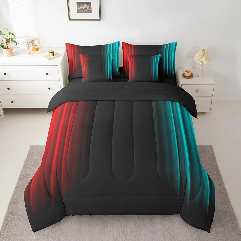 Feelyou Teens Abstract Ombre Decorations Bed in a Bag for Kids Women Red Teal and Black Comforter Set with Sheets Geometric Modern Bed Set Room Full Size