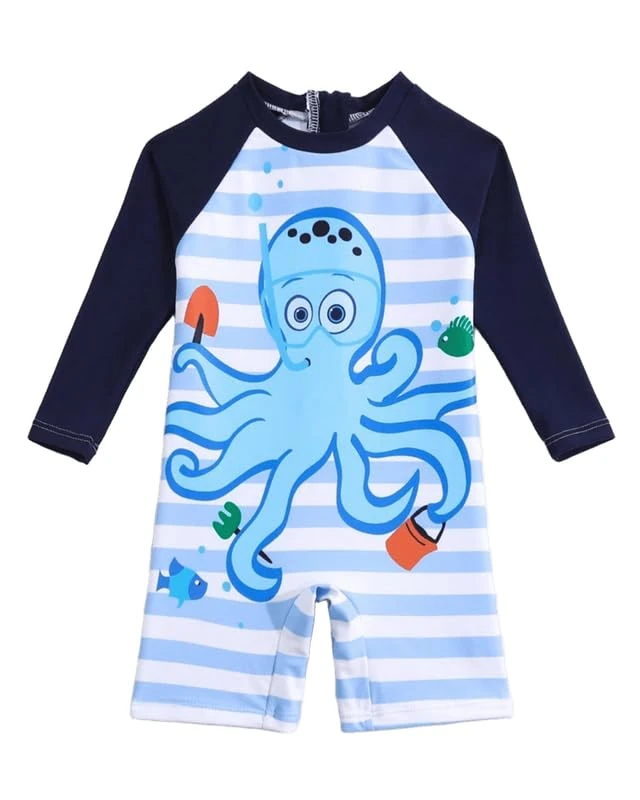 JiAmy Baby Swimwear One Pieces Girl/Boy Long Sleeve Swimsuit UV Sun Protection Round Neck Toddler Bathing Suit for 2-3 Years, Blue