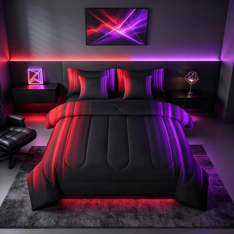 Feelyou Teens Abstract Ombre Decorations Bed in a Bag for Kids Women Red Purple and Black Comforter Set with Sheets Geometric Modern Bed Set Room Queen Size