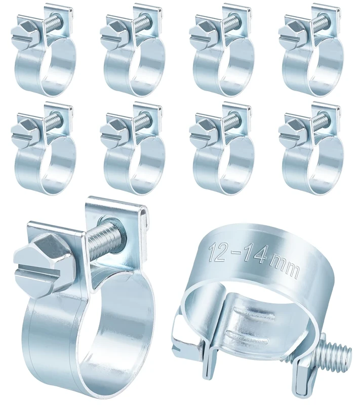 Jeboler 10 Pcs Small Hose Clips 12-14mm, Mini Fuel Line Pipe Hose Clamp, Adjustable Fuel Injection Style Repair Clamp, Zinc Plated Tube Clamps for Automotive Diesel Petrol Pipe