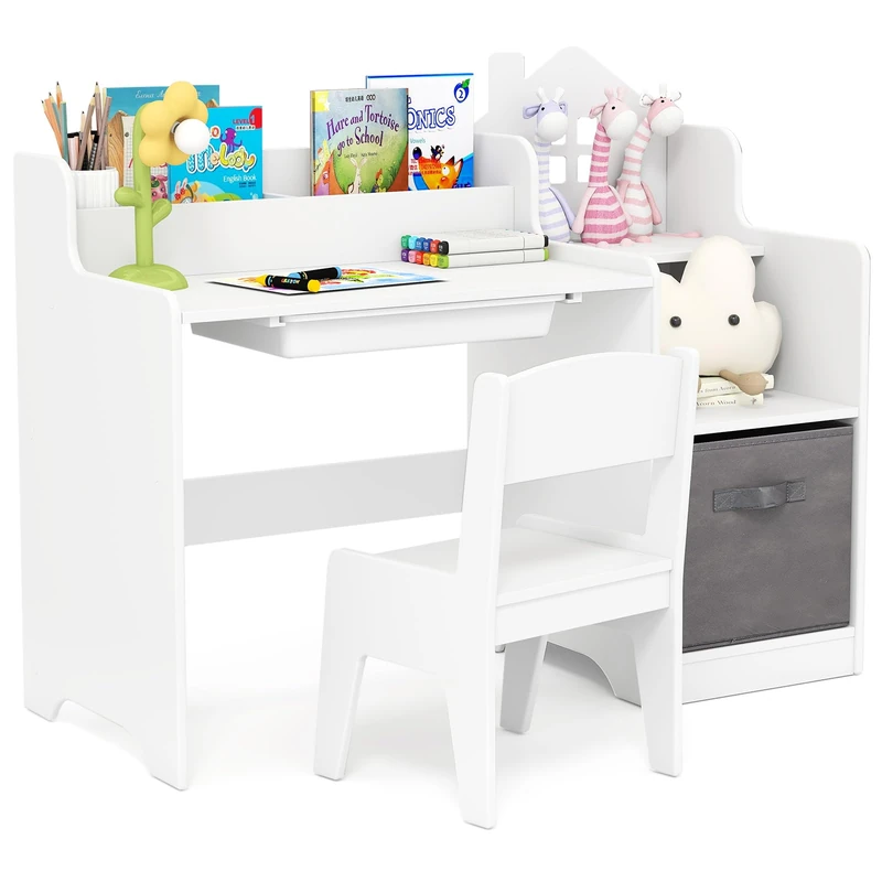 GYMAX Kids Desk and Chair Set, Children Writing Table with Drawer, Open Shelves and Storage Bin, Wooden Student Study Desk Set for Boys Girls, 94 x 40 x 76cm (White)