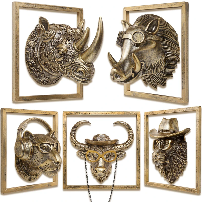 JJALIGHTS Exquisite Resin Animal Head Wall Sculpture (Gift Metal Frame) - Imitation Copper Vintage Decor for Living Room, Bedroom & Office | Decorative Wall Hanging Art