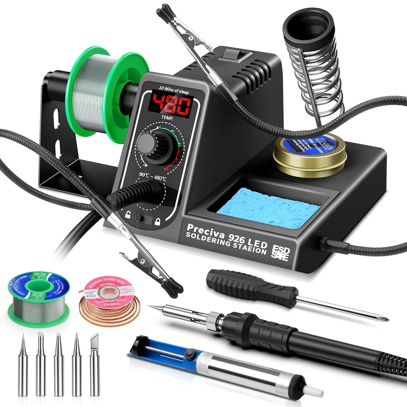 Preciva 926 LED Soldering Iron Kit, 90℃-480℃ Soldering Station with 2 Helping Hands, 130W Digital Display Portable Solder Station, Auto Sleep Mode, Temperature Lock Function, with 5 Tips (UK Plug)