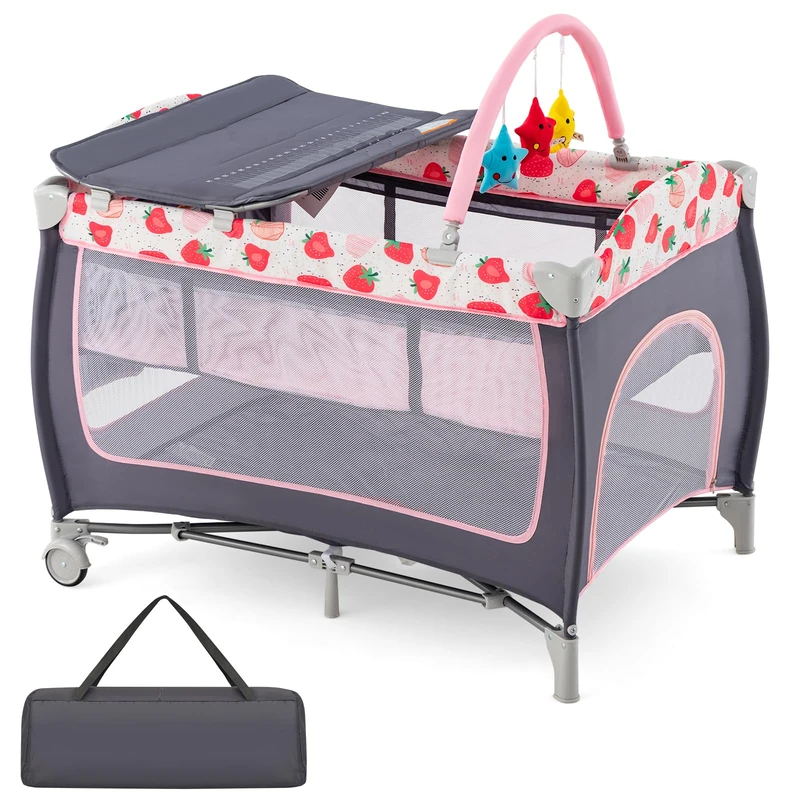 GYMAX Folding Travel Cot, 4 in 1 Baby Bed Playard (Grey+Strawberry Pink)