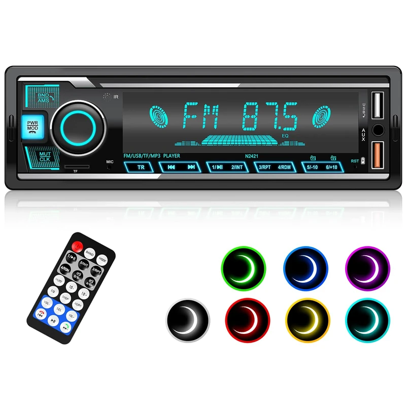 Car Stereo Bluetooth, Wistrue Car Radio Bluetooth 5.0 Hands-free with 7 Colorful Lights 1 Din Car Stereo with 2USB/TF/AUX/WMA/WAV/MP3 Media Player