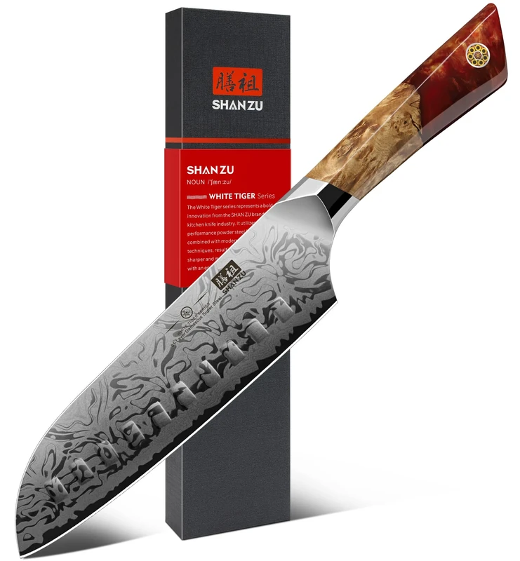 SHAN ZU Damascus Santoku Knife, Japanese Kitchen Knife Made of SG2 Powder Steel, Hand Forged 91 Layers of Damascus Steel Knife, 18CM Professional Chef Knife with Maple Handle - White Tiger Series
